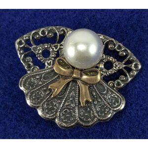 Angel Pearl Filigree Silver Tone Brooch
